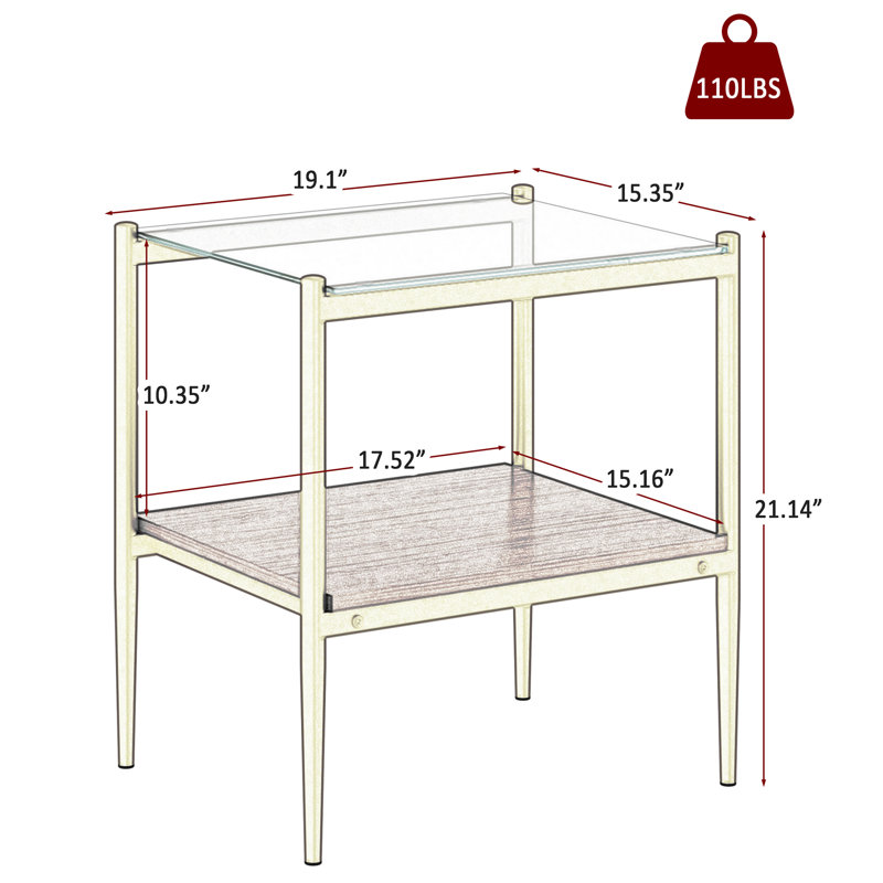 Table de bout rectangulaire 2 pièces avec plateau en verre trempé et tablette de rangement en panneau de fibres à densité moyenne, tables d'appoint de salon