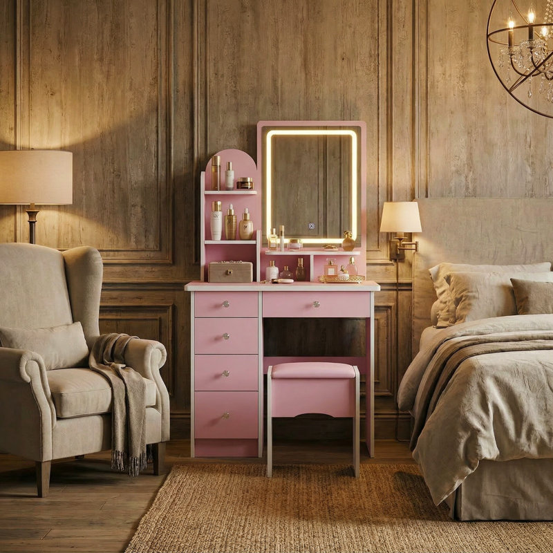 Ensemble coiffeuse avec miroir et tabouret Artilus, Rose