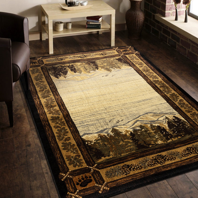 Tapis noir Lodge - teintes terreuses et scènes de forêt, Rectangle 8 pi 1 po x 10 pi 2 po