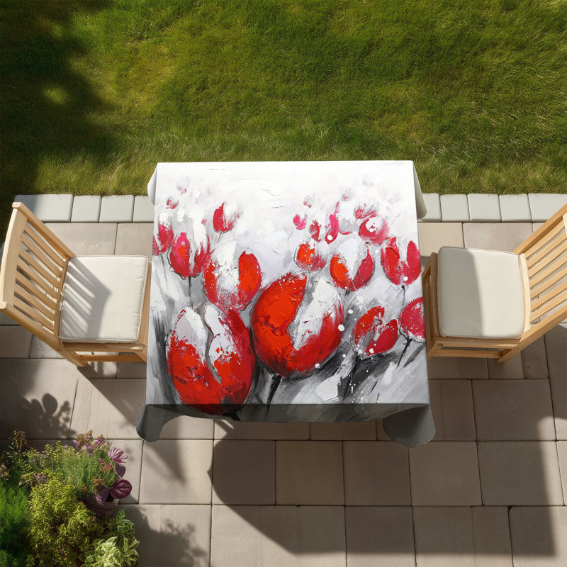 White Botanical Tablecloth - Red Tulips Home Decor Indoor/Outdoor