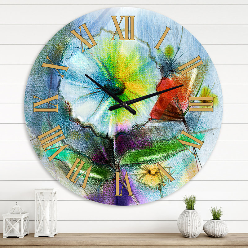 Horloge murale traditionnelle jaune, rose et rouge peinte à la main, Grand
