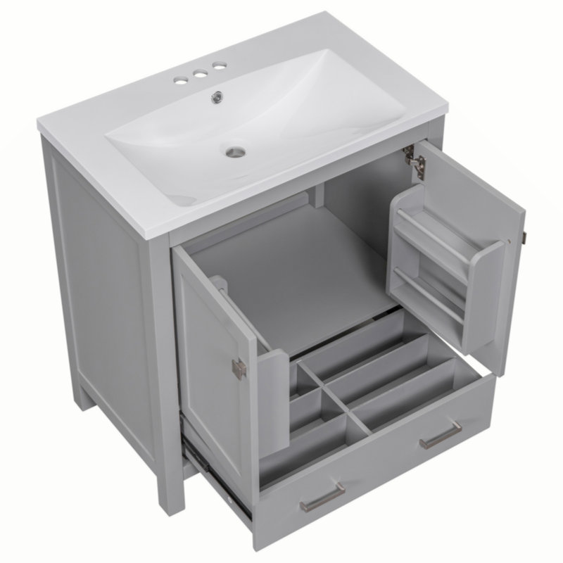 Meuble-lavabo bleu 30 po avec lavabo simple, meuble-lavabo sous-comptoir, armoire de rangement avec 2 portes et un tiroir, fermeture en douceur, rangement multifonctionnel, structure en bois massif