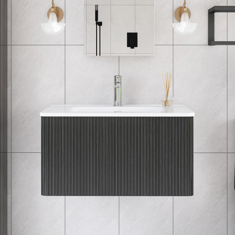 Meuble-lavabo mural simple 30 po avec comptoir en céramique blanche, Bleu