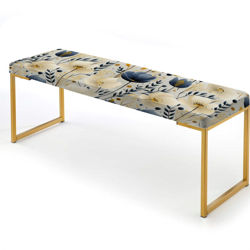 Ivory & Blue Coastal Serene Floral Pattern - Floral Upholstered Gold Bench