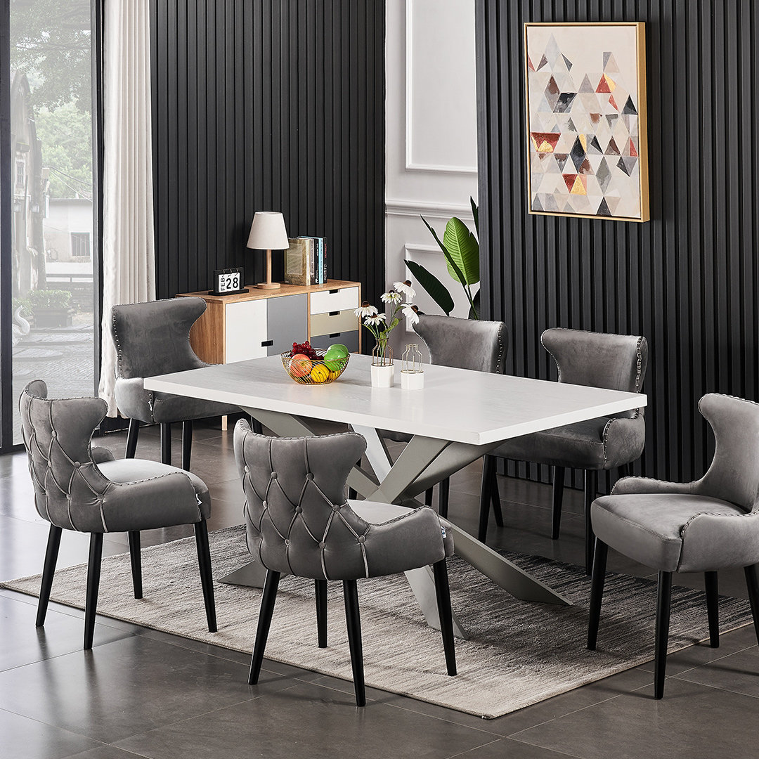 Ricky 6 Person Dining set - a Rectangular Wooden Dining Table with Metal Legs and a Set of 6 Quilted Velvet Dining Chairs for Dining Room - Modern Din