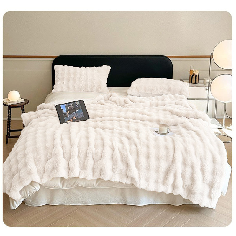 Jeté ultra doux et moelleux en fausse fourrure de lapin, L 50 po x L 60 po, Blanc, crème