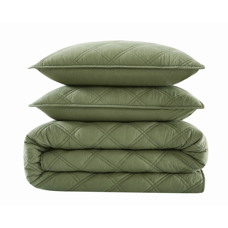 Brooklyn Loom Diamond Washed Cotton Quilt Set, Green, Queen Quilt  + 2 Shams