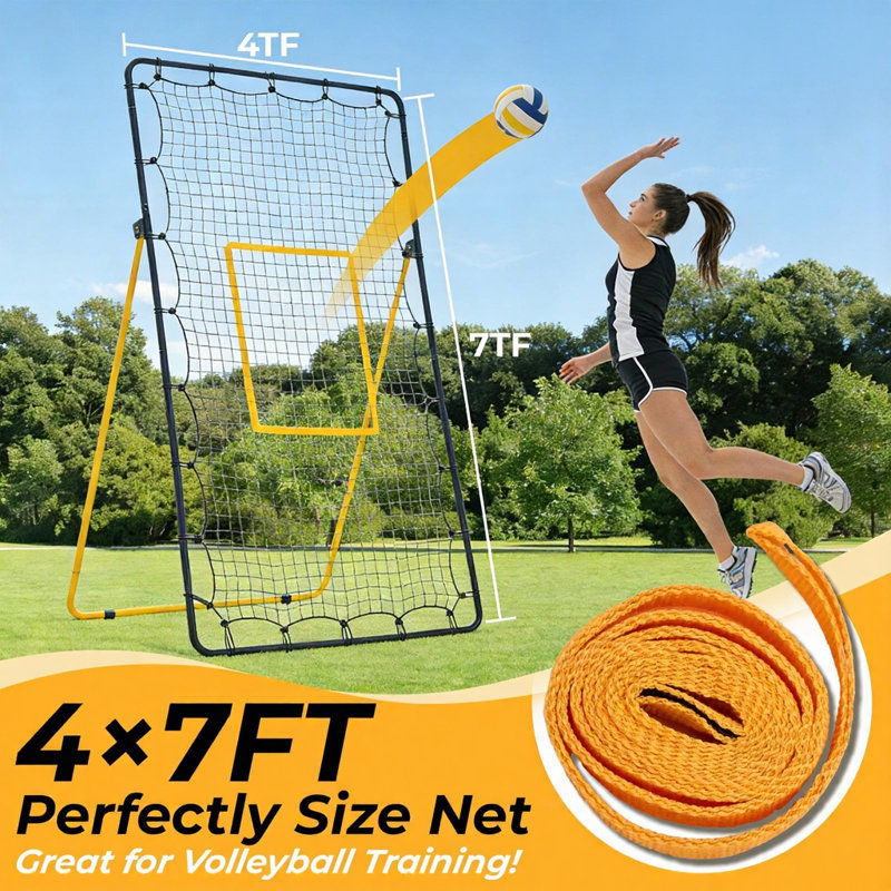 Filet de rebond de volleyball 7x4 pi, entraîneur de volleyball portatif, Noir / Jaune