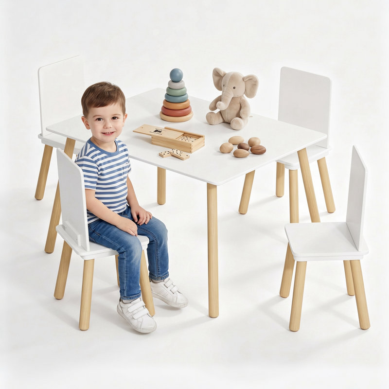 5 Pieces 31.5" Kids Table and Chair Set with 4 High Back Chairs, Wooden Activity Table for Learning, Crafts and Playroom