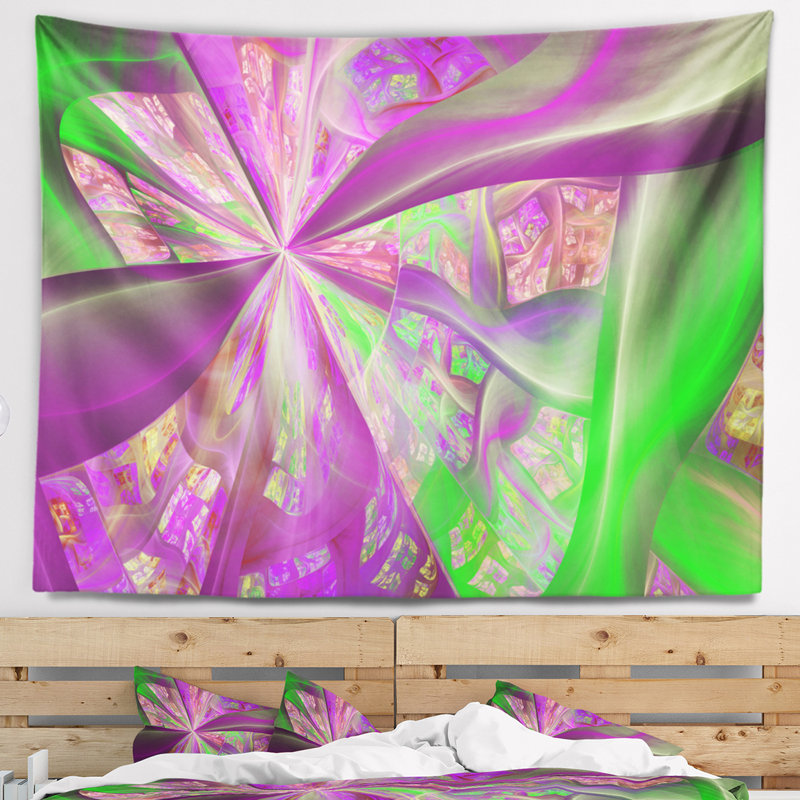 Tapisserie abstraite à courbes fractales vert-rose, H 32 po x l 39 po