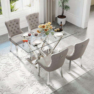 Ensemble de salle à manger à piédestal rectangulaire moderne en verre trempé avec chaise de salle à manger capitonnée en velours