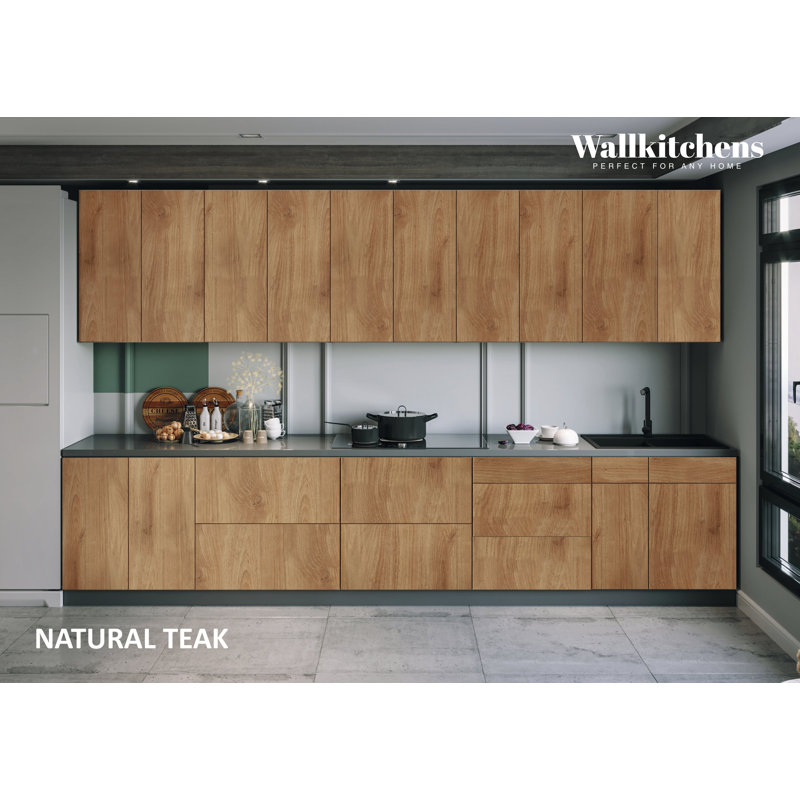 Cuisine complète moderne en bois de teck naturel (panneau de fibres à densité moyenne) l 153 po x P 24 po x H 96 WALLKITCHENS 