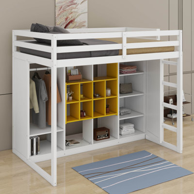 Twin Size  Loft Bed With Shelves,Cabinet And Wardrobe