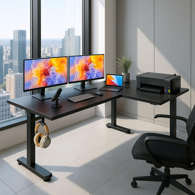 Bureau pour travailler debout en L à hauteur ajustable électrique en L de 63 po Rashod, Noir
