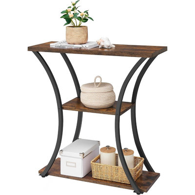 Console à 3 niveaux avec tablettes ouvertes en bois, table d'entrée en métal incurvée, table de canapé étroite derrière le canapé, table d'appoint rustique pour le couloir, le vestibule et le salon, brun et noir