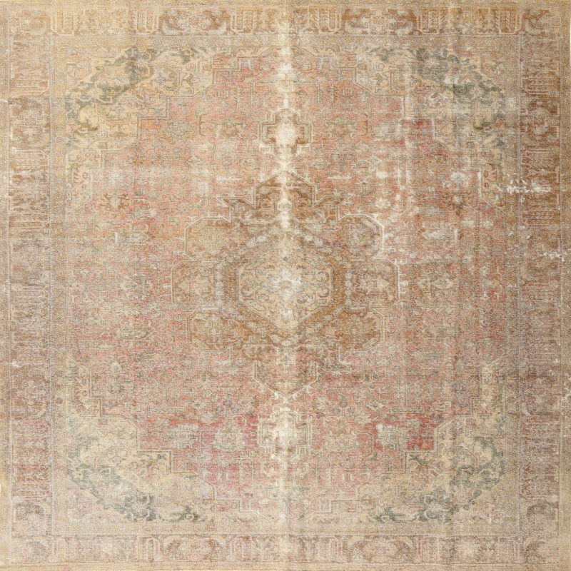 Tapis oriental beige / rose clair en laine, Rond 7 pi