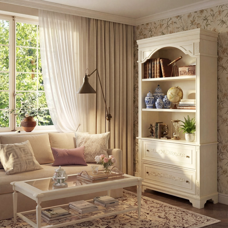 Elegant Display Cabinet With 3 Open Shelves & 2 Carved Drawers