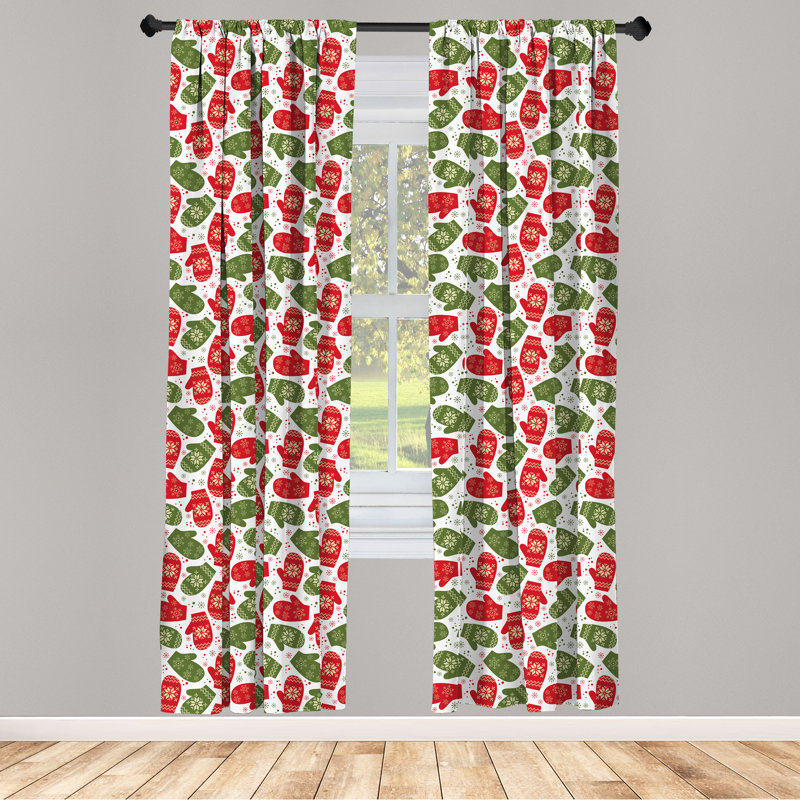 Rideaux de Noël à 4 panneaux Red Barrel Studio®, mitaine d'hiver nordique, vert rouge et blanc, L 56 po x L 63 po