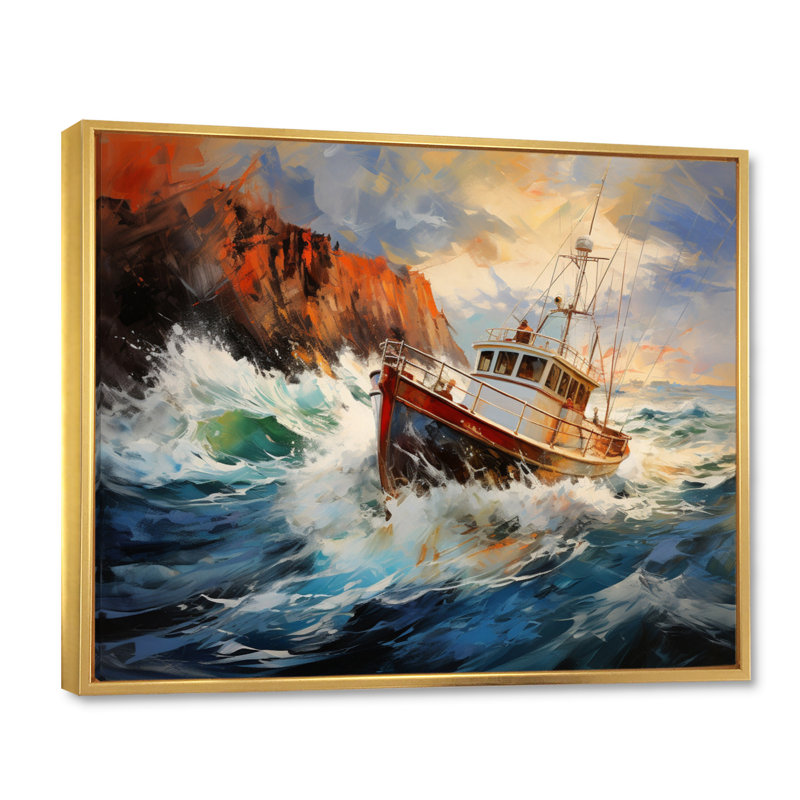 Tempête rêveuse de bateau de pêche - impression, H 34 po x l 44 po x P 1,5 po, Cadre flottant doré