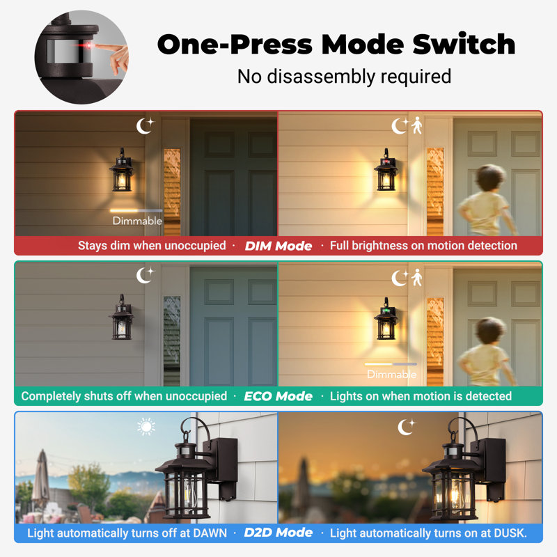 Porch Light with GFCI Outlet, Motion Sensor Outdoor Lights, Dusk to Dawn 3 Lighting Modes Outdoor Light with Outlet