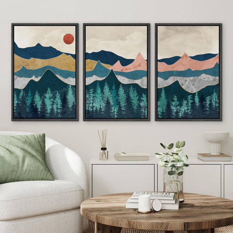 " Mountain Landscape Abstract Scenic Illustration Modern Art Decor Zen " 3 - Pieces, Noir, H 24 po x l 16 po x P 1,5 po