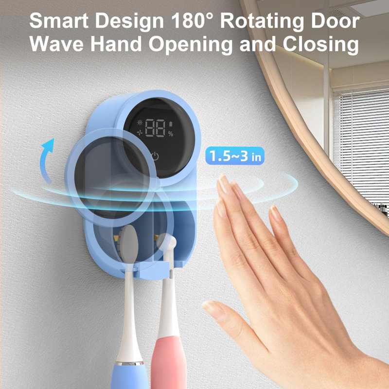 Toothbrush Holder And Cleaner For Bathroom Light Cleaning Fan Drying Round In Circle Automatic Rotating Cover Wall Mounted Smart Home Gadgets.(Blue)