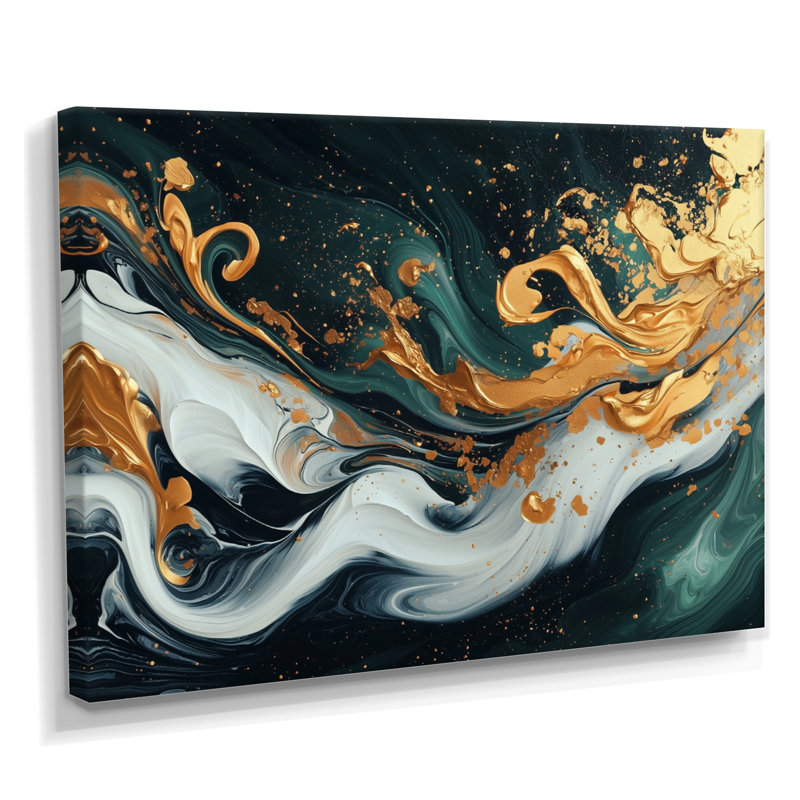 «Gold Green Temporal Fluidité III», art abstrait à l'encre liquide, H 34 po x l 44 po, Toile tendue, Ne s’applique pas