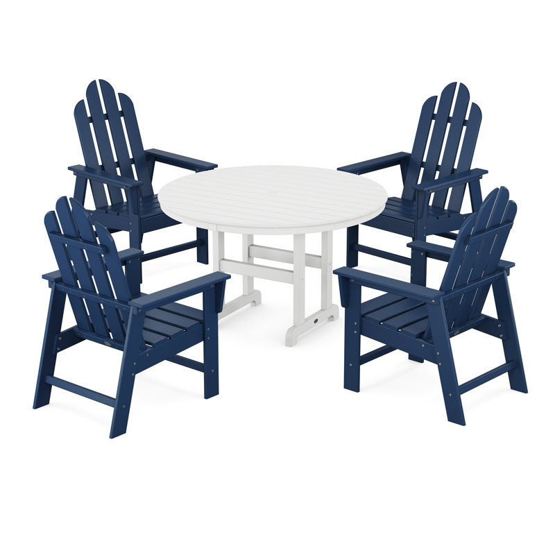 POLYWOOD Long Island 5-Piece Round Farmhouse Dining Set, Navy/White