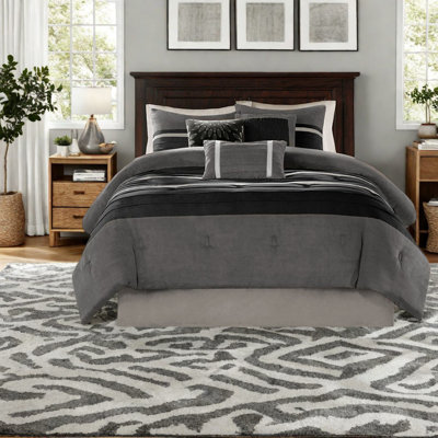 Comfortable 7-pc Pieced Faux Suede Bedding Set, Sleek Black, Queen Size For Modern Bedrooms