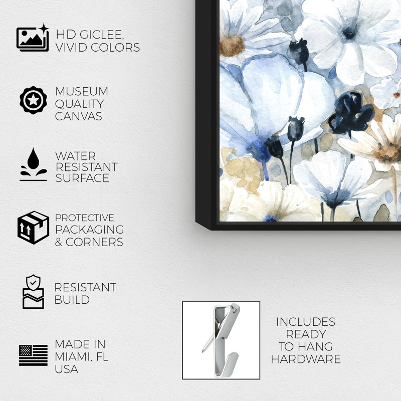 Floral and Botanical Fields of Blue Florals - Reproduction d'art graphique sur toile, Cadre noir