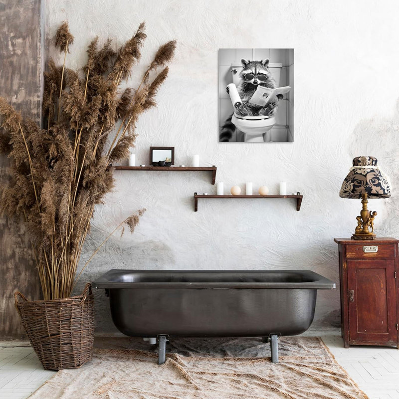 Raton laveur, toile, art mural, raton laveur sur toilette, affiche de salle de bain