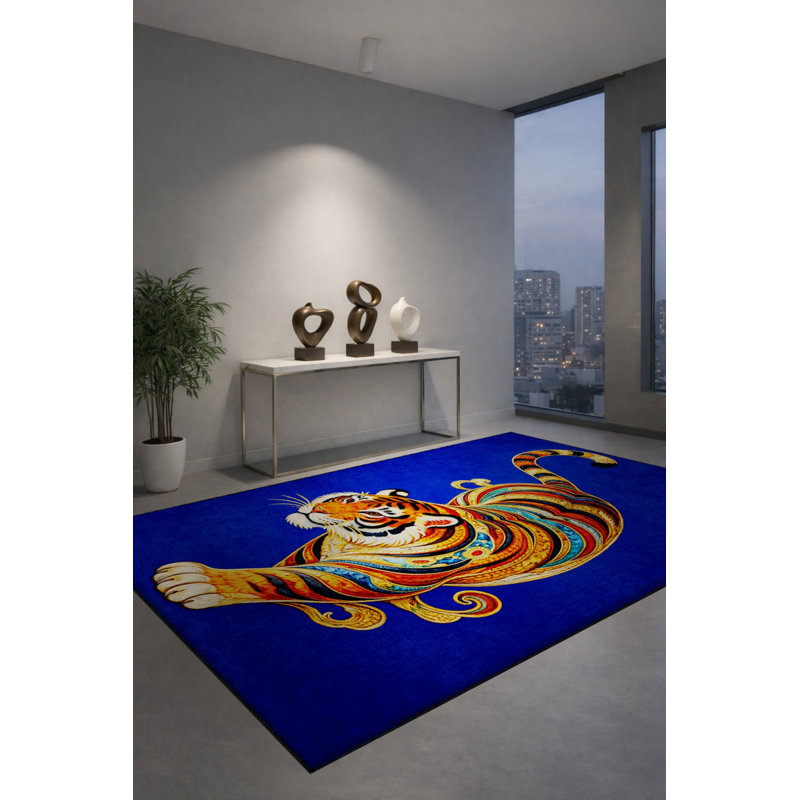 Tapis tissé à imprimé tigre bleu marine Mosso, 6'7" x 9'10"