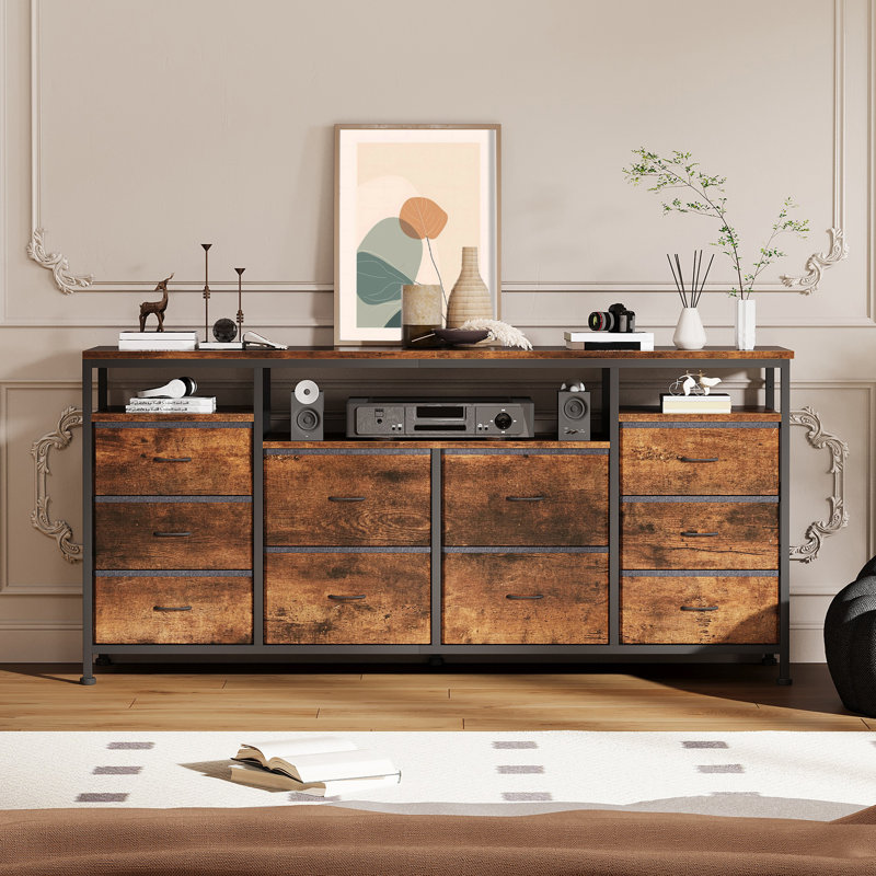 63.3 Inch Media Dresser with LED Lights, Large 10-Drawer Storage Cabinet with Power Outlets & USB Ports, Long Entertainment Center
