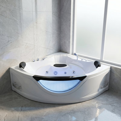 59" Corner Whirlpool Bathtub For 2-Person, Luxury Jetted Spa Tub With 6 Hydro Massage Jets, Chromatherapy LED Lights &Pneumatic Adjust System, UL Certified Water Pump,UPC Certified Drainer