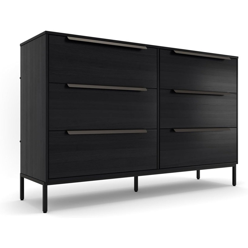 Commode en tissu - Structure en bois massif, 6 tiroirs spacieux anti-affaissement avec poignées en métal élégantes - Solution de rangement de qualité supérieure et durable pour votre maison (noir)