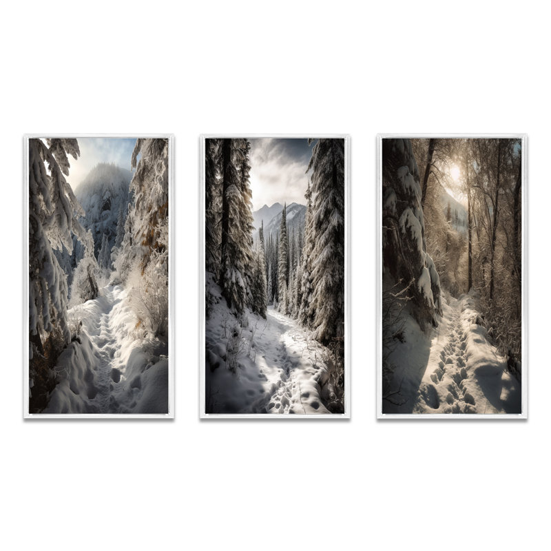 «Frosty Snow Forest Path», 3 pièces, Cadre flottant blanc, H 40 po x l 60 po