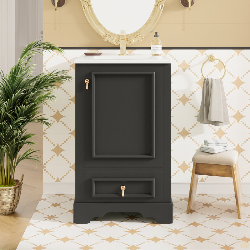 Meuble-lavabo de 20 po avec lavabo en céramique, porte à fermeture en douceur, tablette ajustable en forme de U