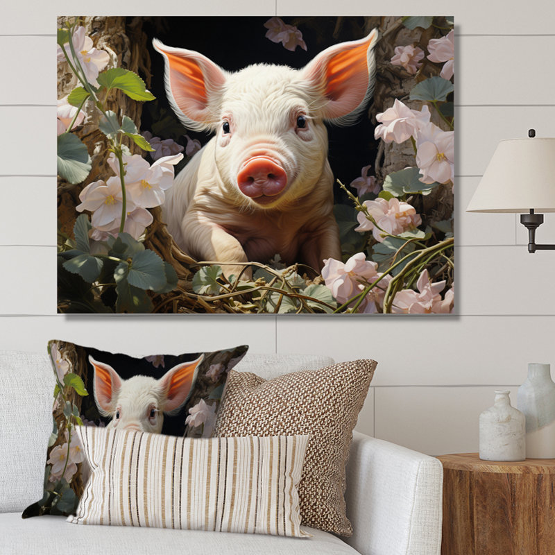 Cute Pig Playing In Flowers II - Animals Wall Decor, H 24 po x l 32 po x P 1 po, Toile tendue