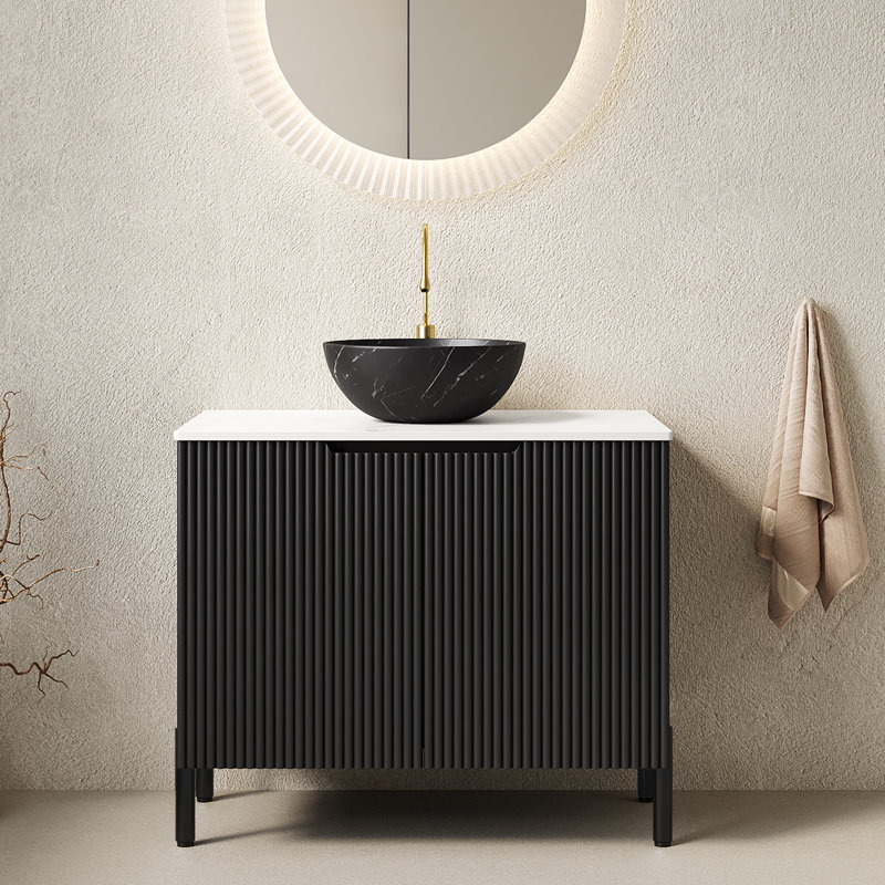 Turio 30" Bathroom Vanity With Sink, Freestanding Bathroom Storage Cabinet With 2 Doors, Black Bowl Ceramic Basin With Stone Pattern And Carrara White Sintered Stone Countertop, No Faucet, Black Color