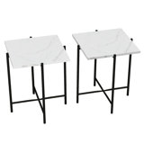 Set of 2 Pcs Marble Effect Tops Round Side End Coffee Table Metal Frame