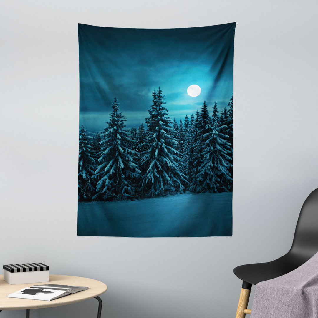 Wandteppich, Ruhige Snowy Woodland, Nacht, Turquoise Teal weiß