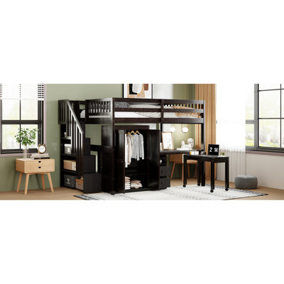Lit mezzanine pleine grandeur avec escalier, bibliothèque, tiroirs, bureau et garde-robe pour les adolescents - Mobilier multifonctionnel pour chambre à coucher