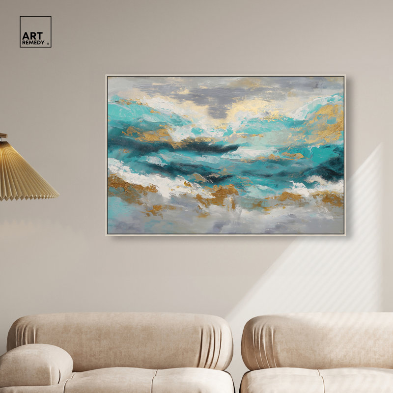 "Golden Tides", reproduction d'art acrylique encadrée bleue et dorée par Art Remedy, cadre doré, 45 x 30, H 31 po x l 46 po