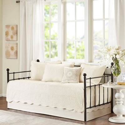 Style Daybed In Cream - 6 Piece Reversible With Scalloped Edge And Complete Accessories For Twin Bed Cover Border, Sized Mattress Compatibility Of Decorative Pieces