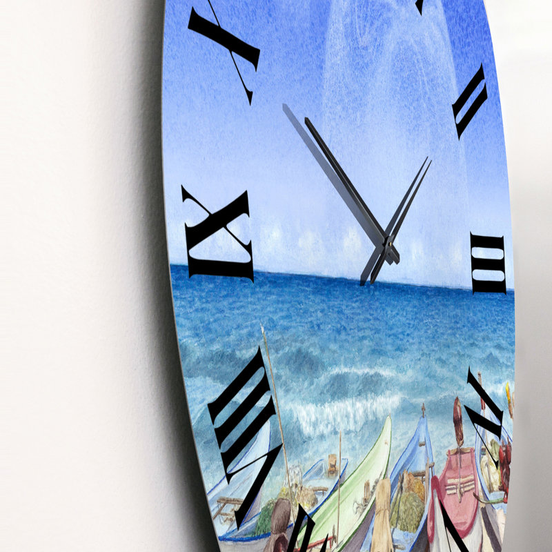 Bateaux sur la plage avec Supermoon - Horloge murale nautique et côtière, Grand