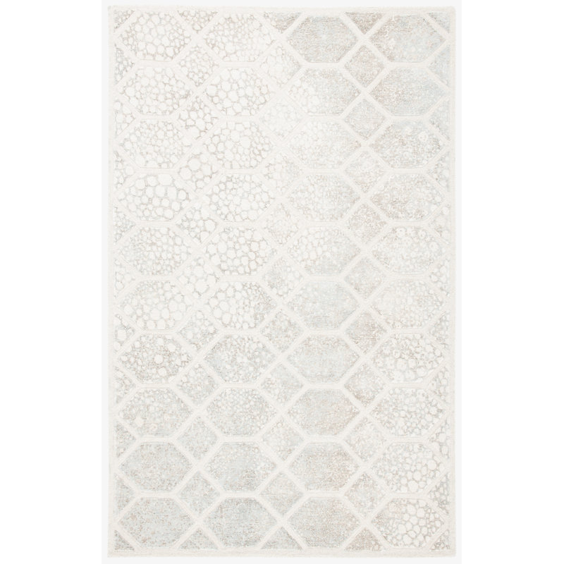 Restoration Vintage Hand Tufted Viscose/Wool Geometric Rug in Ivory, Rectangle 3' x 5'