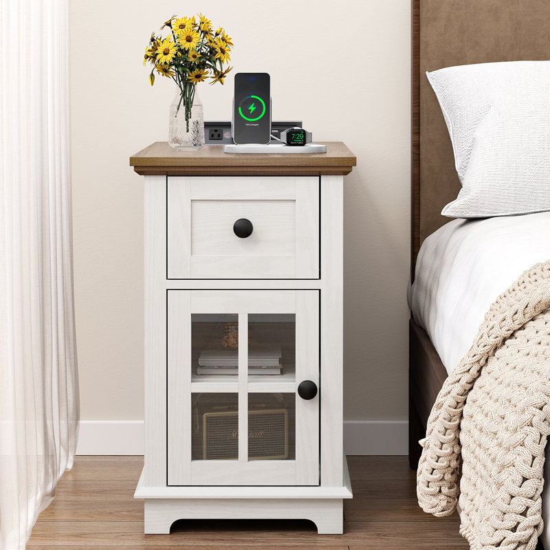 Binyameen 1 Drawer Nightstand for Bedroom with Storage and Built-in Outlets, Night Stands with Shelf , White/Brown