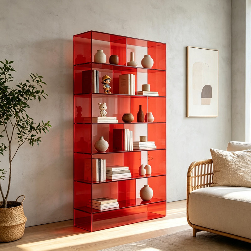 Bibliothèque ouverte rouge en acrylique, H 74,8 po x l 27,56 po x P 11,81 po