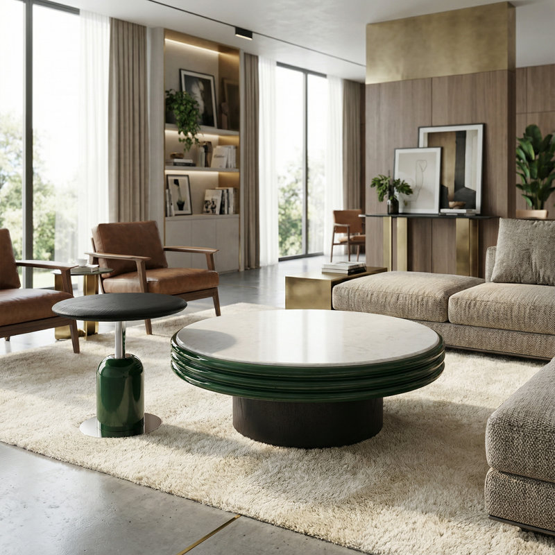 Modern White Stone & Wood Coffee Table Set - Round Coffee Table with Side Table for Living Room