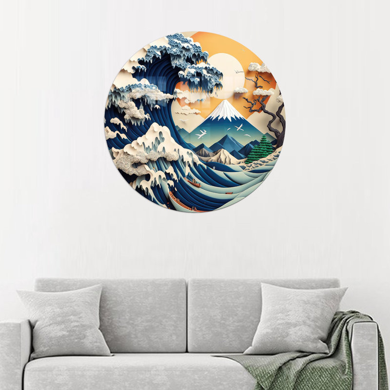 Art mural moderne en verre abstrait inspiré de la grande vague de Hokusai, parfait comme décoration intérieure ou cadeau personnalisé
